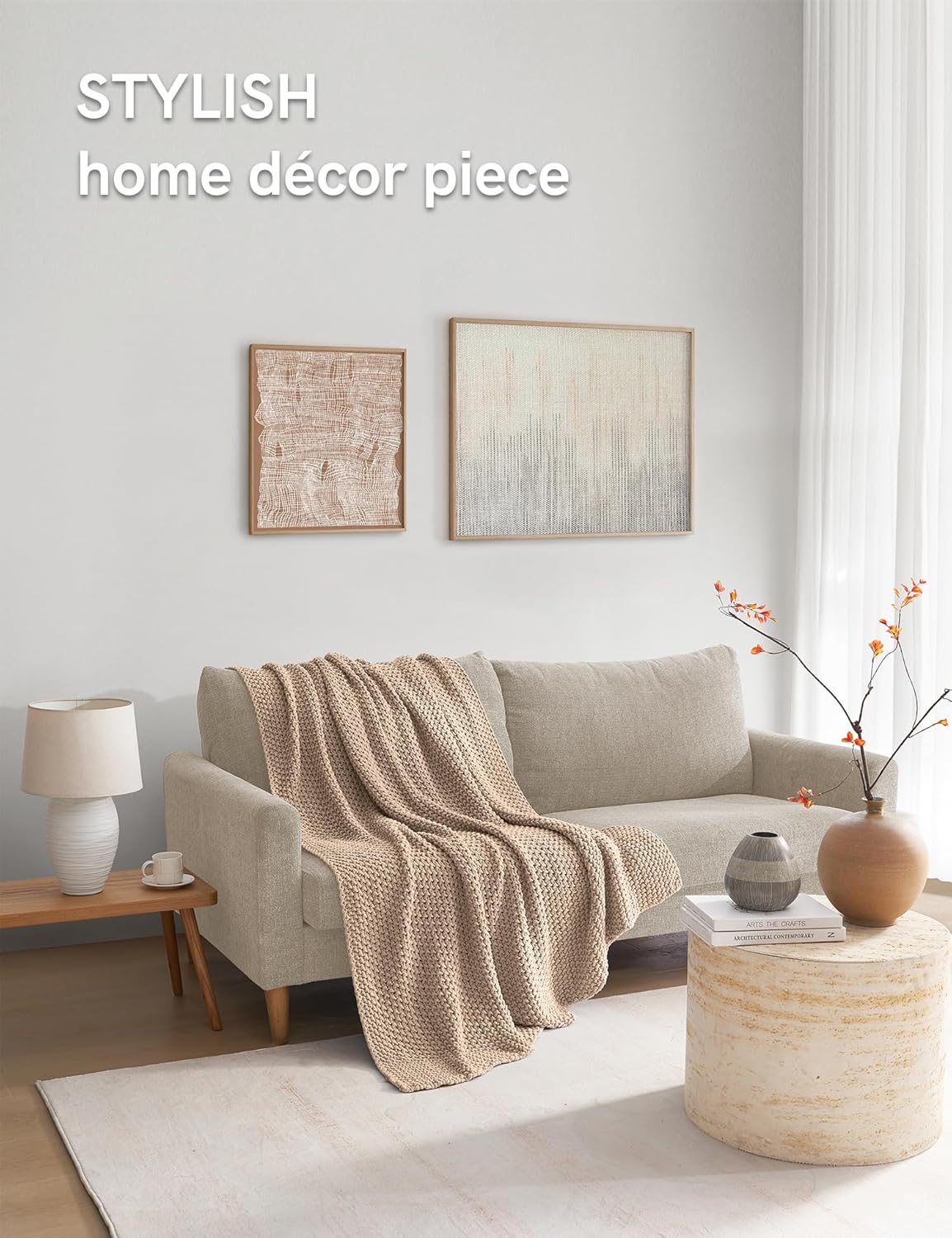 YnM Chunky Cotton Knit Throw Blanket, Cable Knit Throws for Bed Couch Sofa, Comfy & Relaxing, Decorative Piece for Farmhouse Modern Boho Rustic Scandinavian Chic Vibe, Beige 50x60 Inches