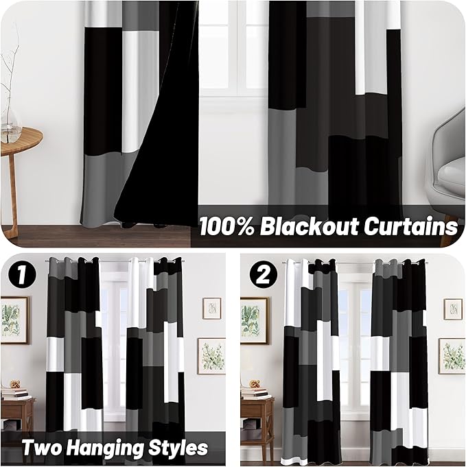 Black Grey 100% Blackout Curtains for Bedroom 84 inch Long 2 Panels Set White Gray Modern Abstract Geometric Black Out Curtains Insulated Room Darkening Window Drapes for Living Room, 52Wx84L