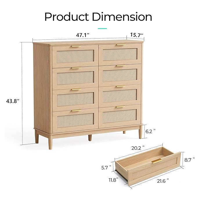 LINSY HOME Rattan Dresser for Bedroom with 8 Drawers, 54" Wide Chest of Drawers, Mid Century Modern Dresser TV Stand with Metal Handle, Wood Closet Storage Cabinet for Living Room, Hallway, Oak
