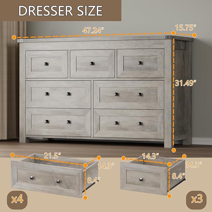 7-Drawer Dresser, Modern Wooden Storage Chest of Drawers, Dresser TV Stand, Wood Drawer Organizer with Metal Handles for Bedroom, Living Room, Hallway