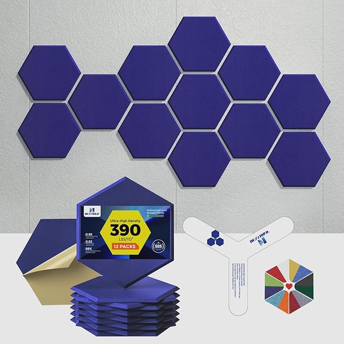 Self-Adhesive Acoustic Panels [390 lbs/yd³ Ultra-High Density], 2nd Generation Sound Absorbing Panel, Professional Level Sound Panel, Polyester Soundproof Foam [Size M, Navy Blue]