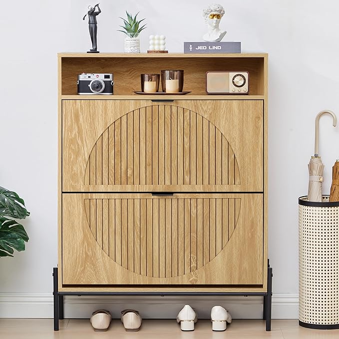 47" Fluted Large Shoe Cabinet with 4 Flip Drawers, Slim Freestanding Shoe Cabinet Organizer, Narrow Shoes Storage Rack for Entryway, 5 Sturdy Legs (All Natural-2 drawers, 9.45"D x 31.5"W x 41.93"H)