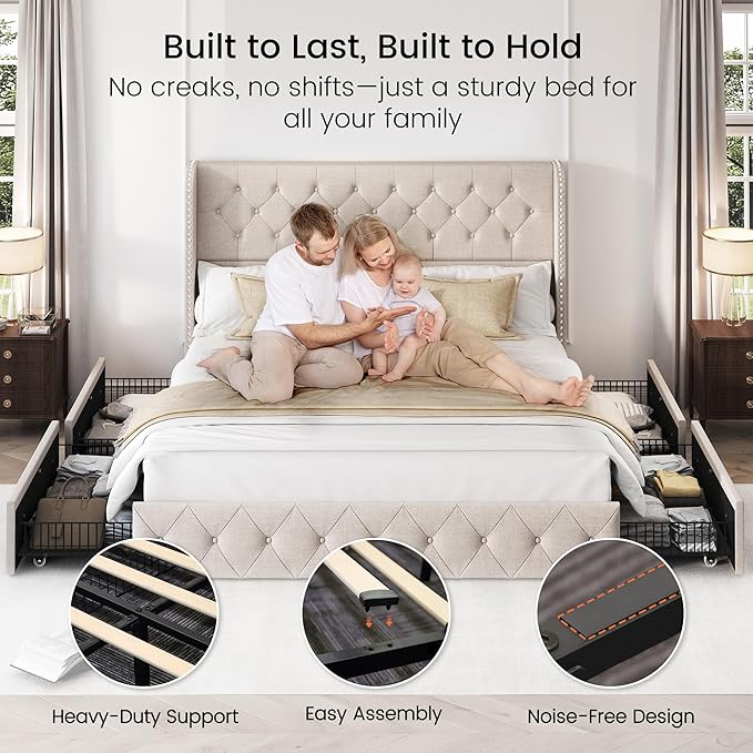 LARMACE King Size Bed Frame with 4 Storage Drawers and Tufted Headboard Linen Upholstered Platform Bed Frame Wingback Beds with Wooden Slats Support, Easy Assembly, Beige