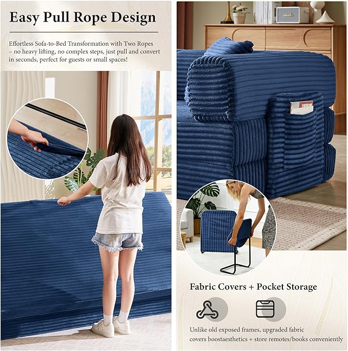 Boneless Couch Folding Couches for Living Room Sofa, Futon Sofa Bed with Sleeper Sofa, Futon Couch with Fixed-Shape Oversized Corduroy Upholstered (Blue, 81 Inches)