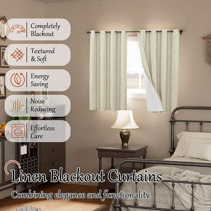 Short Blackout Curtains 45 Inch Length 2 Panels, Thermal Insulated Total Light Blocking Linen Window Curtains for Farmhouse Bedroom Basement, Bronze Grommet, Natural, Each 52" Wide