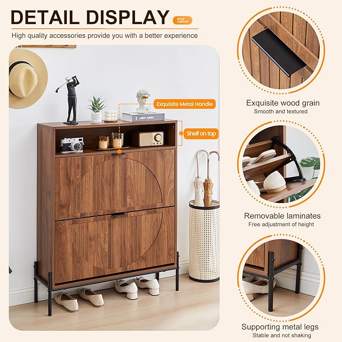 47" Fluted Large Shoe Cabinet with 4 Flip Drawers, Slim Freestanding Shoe Cabinet Organizer, Narrow Shoes Storage Rack for Entryway, 5 Sturdy Legs (All Walnut-2 drawers, 9.45"D x 31.5"W x 41.93"H)