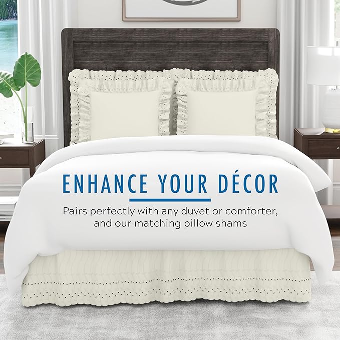 Fresh Ideas Eyelet Bed Skirt, Ruffled Design, 14 Inch Drop, Embroidered Scalloped Edge, King, Ivory