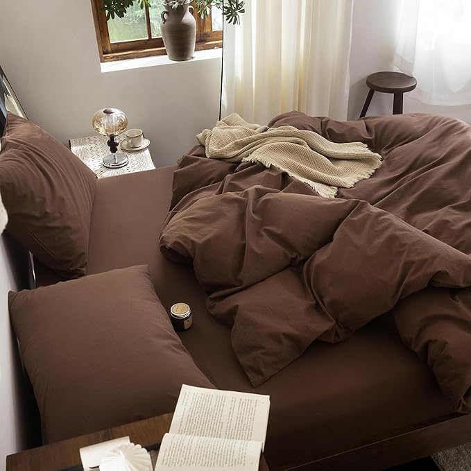 FOSSA Duvet Cover Set 100% Washed Cotton Linen Feel Super Soft Breathable Cozy 3 Pieces Bedding Sets Solid Cocoa Brown Super Queen