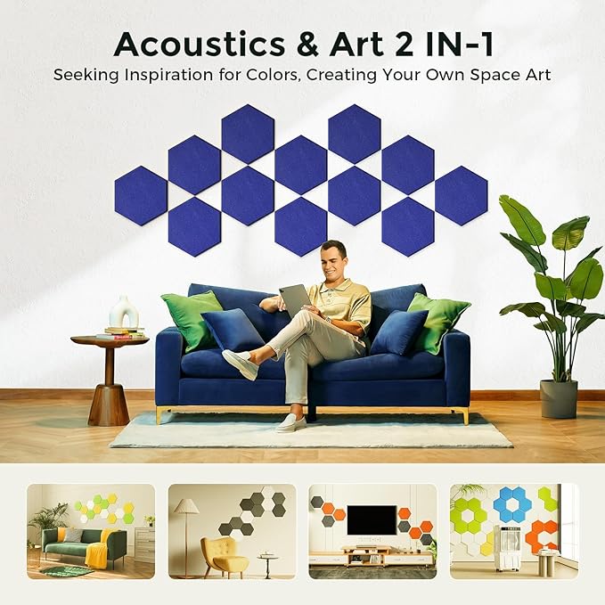 Self-Adhesive Acoustic Panels [390 lbs/yd³ Ultra-High Density], 2nd Generation Sound Absorbing Panel, Professional Level Sound Panel, Polyester Soundproof Foam [Size M, Navy Blue]