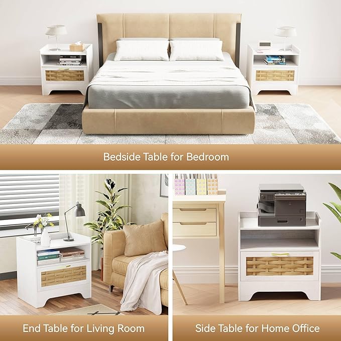 24" Rattan Nightstand Set of 2, White Bedside Table with Semi Open Cubby, Boho Night Stand with Farmhouse Arched Base for Bedroom, Side Table, End Table for Dorm