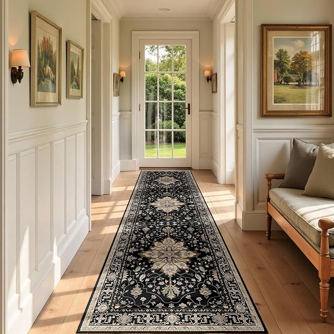 Area Rugs 3'x9' Washable Non-Slip, Floral Vintage Distress Print Pattern Medallion Carpet for Living Room Bedroom Dining Room, Black Brown Neutral Dark Tan