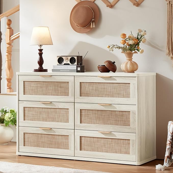 LEYAOYAO Rattan Dresser and Nightstand Set of 2, Boho Wood Dresser for Bedroom with 6 Drawers and Night Stand with Charging Station, Bedroom Furniture, Dressers & Chests of Drawers,Living Room,Hallway