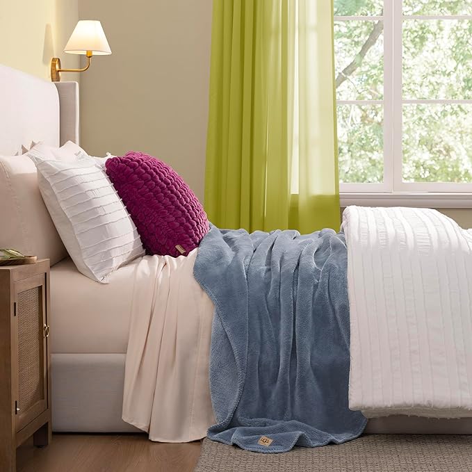 UGG Plush Full/Queen Blanket, Fleece Fluffy Blanket for Bed, Luxury Cozy Oversized Throw for Couch, Washable Hypoallergenic Queen Bedding, 90" x 90", Denim Blue (Whitecap)