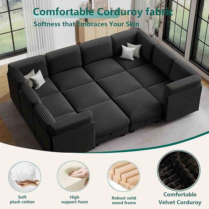 Modular Sectional Sofa with Adjustable Backrest, Large Convertible L/U-Shaped Sleeper Couch for Living Room, Cloud Sofa Bed Modern Reversible Design, Black