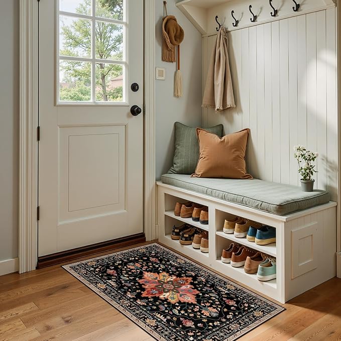 Area Rugs 2'x4' Washable Non-Slip, Floral Vintage Distress Print Pattern Medallion Carpet for Living Room Bedroom Dining Room, Black Colorful Floral Dark Tan