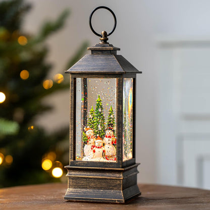 10'' Musical Snow Globe Lantern Lighted Snowman Family Water Lantern Swirling Glittering Home Decoration and Gift, Battery Operated or USB Powered