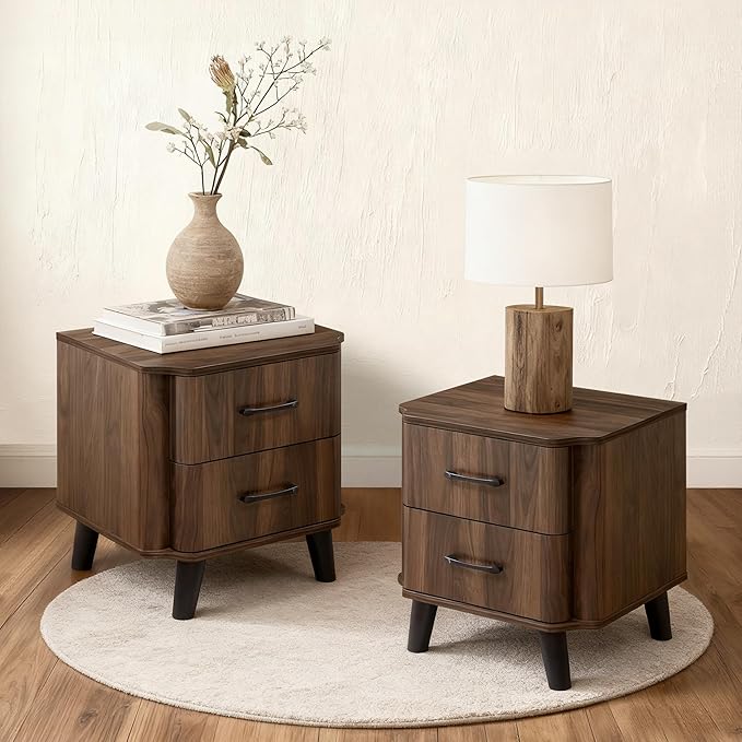 LuxenHome Mid Century Modern Nightstands Set of 2, 20" Walnut Night Stand with Curved Edge, Dark Brown Nightstand with Drawers, Boho Bed Side Tables Bedroom, Storage End Tables Living Room, 2PCs