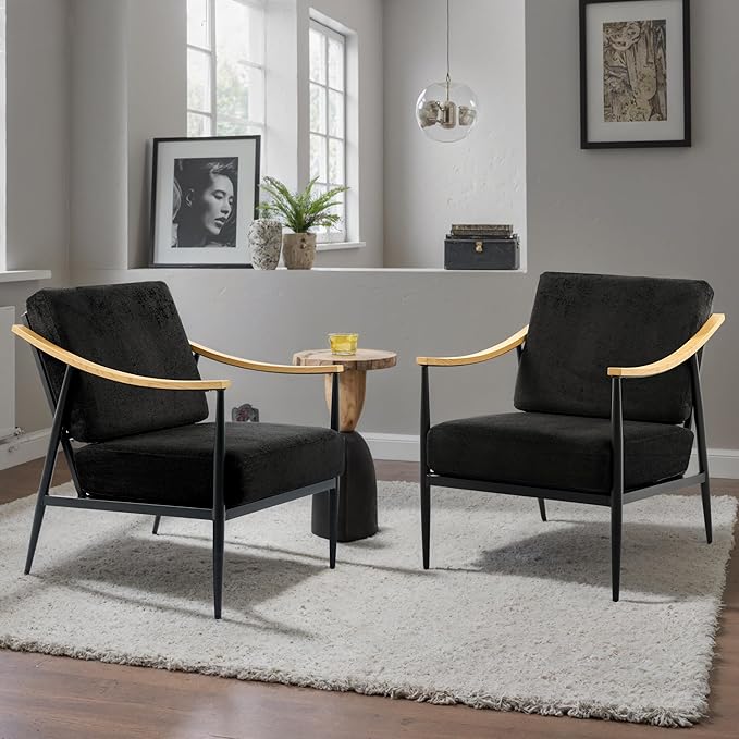 Modern Accent Chair for Living Room Bedroom Mid Century Arm Chair Upholstered Office Accent Chair Comfy Waiting Room Chair with Metal Frame, Black