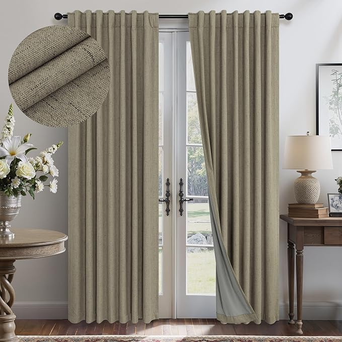 Living Room Darkening Curtains 63 Inches Long Small Bay Window Blackout Soundproof Dining Room Curtains Rustic Farmhouse Linen Dark Taupe Curtain 63 Inch Length 2 Panels Back Tab Pocket Pleated Drapes