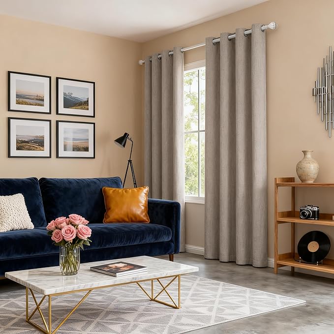 100% Blackout Linen Curtains for Bedroom 84 Inches Long, Black Out Thermal Insulated Grommet Curtains 2 Panels Set,Sun Blocking Privacy Drapes Living Room Nursery (52W × 84L inch, Beige)