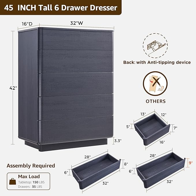 ACCOHOHO 6 Drawer Dresser for Bedroom, 42 Inch Tall Modern Chest of Drawers, Push-to-Open Wood Storgae Organizer with Large Drawers for Bedroom, Living Room, Hallway, Black