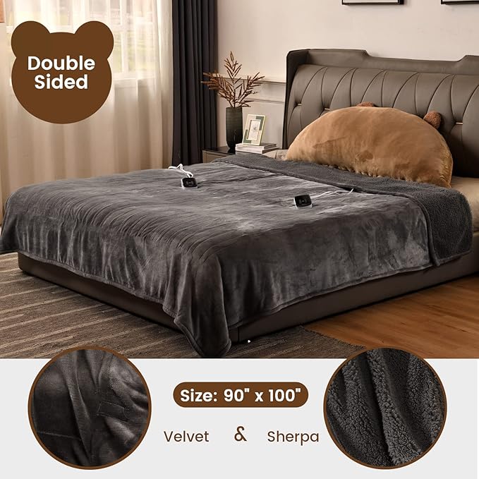 Bearhug Heated Blanket King Size 100" x 90" Dual Controller Electric Blanket, Velvet & Sherpa 10 Heating Levels & 1-12H Auto Off, Over-Heat Protect, ETL, Machine Washable