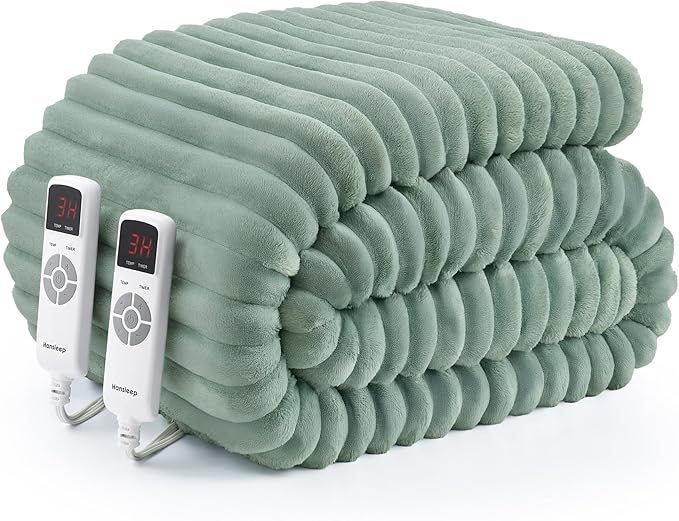 Hansleep Heated Blanket Queen Size Electric Throw Dual Control, Heating Blanket with 9 Heating Levels and 10-Hour Timer Auto Shut Off, Washable Soft Warm Winter Blanket, 80 x 90 Inches, Green