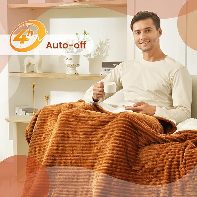 Bearhug Heated Throw Blanket, Ribbed Flannel & Sherpa 50"x60" Fast Heating Electric Blanket, 6 Heating Levels & 4H Auto Off, Over Heat Protection, Machine Washable