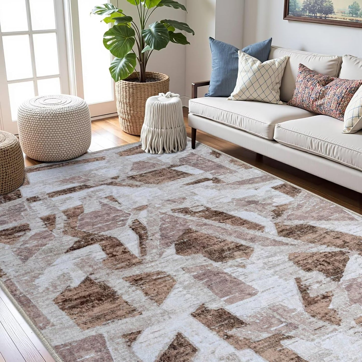 Modern Abstract 6X9 Area Rug for Living Room Bedroom Washable, with Non-Slip Rubber Backing Print Faux Wool Thin, Brown Throw Large Carpet for Kids Playroom Dining Room Pet & Child Friendly