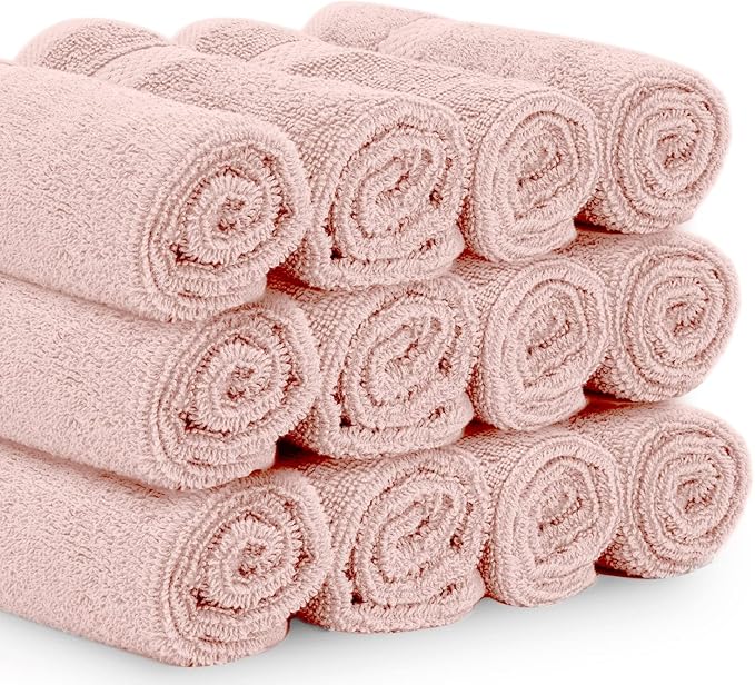 White Classic Luxury Cotton Washcloths 13x13 Inch - 650 GSM Turkish Cotton | Hotel, Spa, Bathroom Face Towel | 12 Pack, Pink