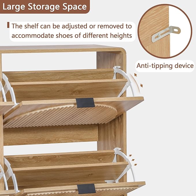 Shoe Storage Cabinet for Entryway, Narrow Shoe Organizer Cabinet, 4 Flip-Down Drawers, Round Fluted Panel, Hidden Wood Slim Shoe Rack for Foyer, Hallway (Natural)