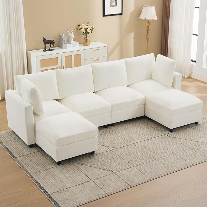 116'' 4-Seater Modular Sectional Cloud Sofa with 2 Ottomans, U-Shaped Couch for Living Room, Modern Deep Seat Sofa with Soft Back Cushions, Chenille Beige