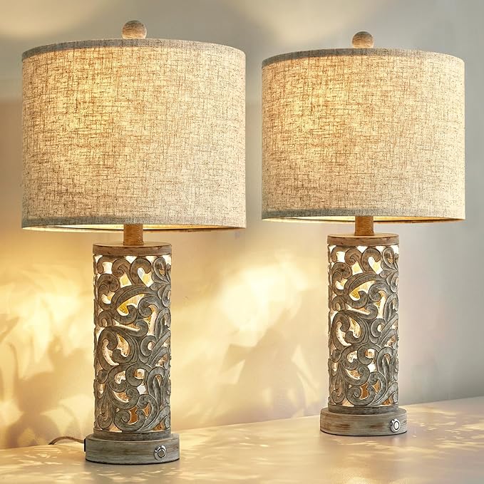 OYEARS Bedside Table Lamps Set of 2 with USB & Night Light, 22'' Dimmable Touch Lamps for Nightstand, Farmhouse Lamps for Bedroom Living Room Home Offce (Bulb Included)