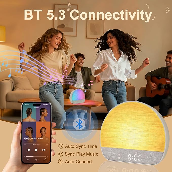 Sunrise Alarm Clock Sound Machine, Wake Up Light - Bluetooth Speaker, Dual Alarms, Dimmable Clock, USB Charging, Snooze, 37 Sleep Sounds, 15 Colors, Timer-Night Light for Heavy-Sleepers Gift