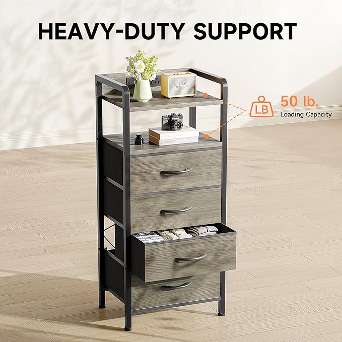 Grey NightStand with Charging Station - Morden Nightstand with USB Ports & AC Outlets, Grey End Table with Storage Shelf & 4 Fabric Drawers, LED Light Strip