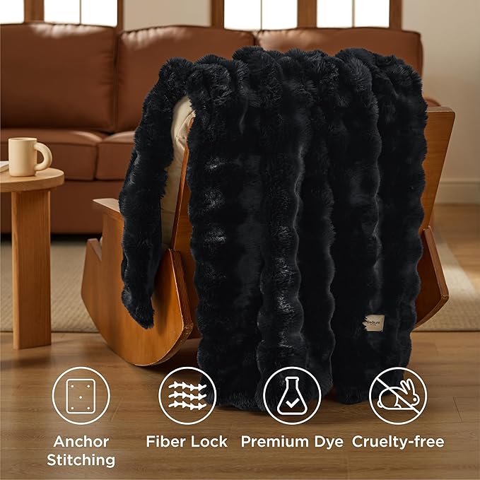 Bedsure GentleSoft Fluffy Faux Fur Blanket Twin Size, Fuzzy Soft Bubble Blanket for Couch, Home Decor Gifts for Bedroom Living Room, Thick Furry Cozy Gifts for Women, Black, 60x80 Inch