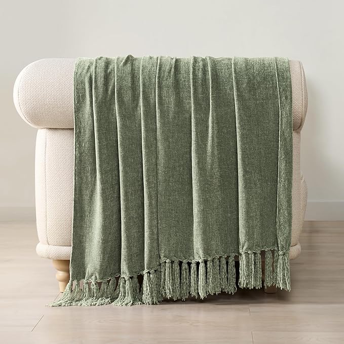 EVERGRACE Soft Chenille Throw Blanket for Couch, Cozy Plush Fuzzy Decorative Chenille Knit Throw Blanket with Tassels, Lightweight Blanket and Throws for Bed Sofa Gift Home Decor, Sage Green 50"x60"