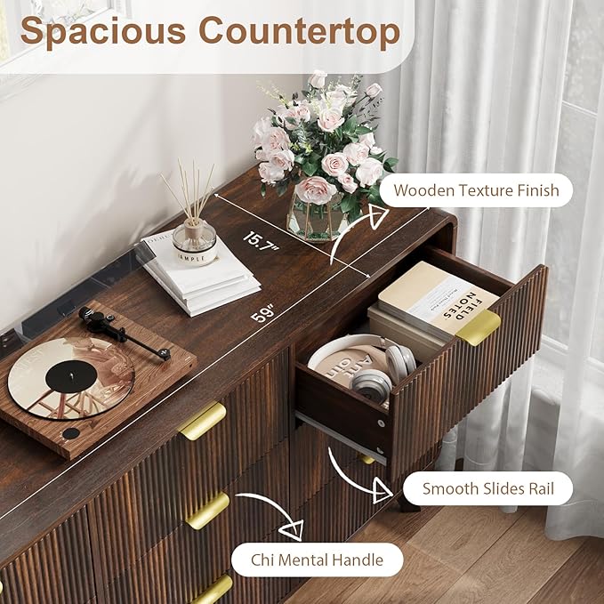 QUW Fluted 59.1" Wide Modern Dresser for Bedroom with 9 Drawers, Tall Chest of Drawers with Metal Handle, Wooden Dresser TV Stand, Hallway, Living Room, Dark Walnut