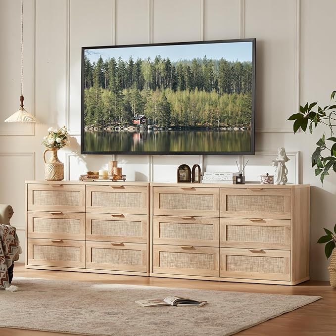 LEYAOYAO Rattan Dresser and Nightstand Sets 3 Piece, Boho Wood Dresser for Bedroom with 6 Drawers and Night Stand with Charging Station, Bedroom Furniture, Dressers & Chests of Drawers, Living Room