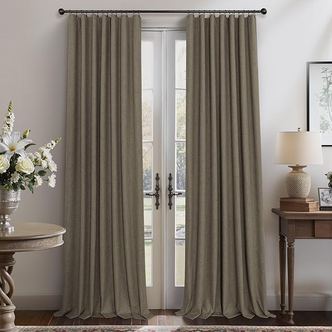 Brown Room Darkening Curtains 96 Inch Long for Living Room Dining Back Tab Linen Blackout Drapes Rustic Neutral Energy Efficient Black Out Window Curtain Panels for Bedroom Home Office Earth Cottage