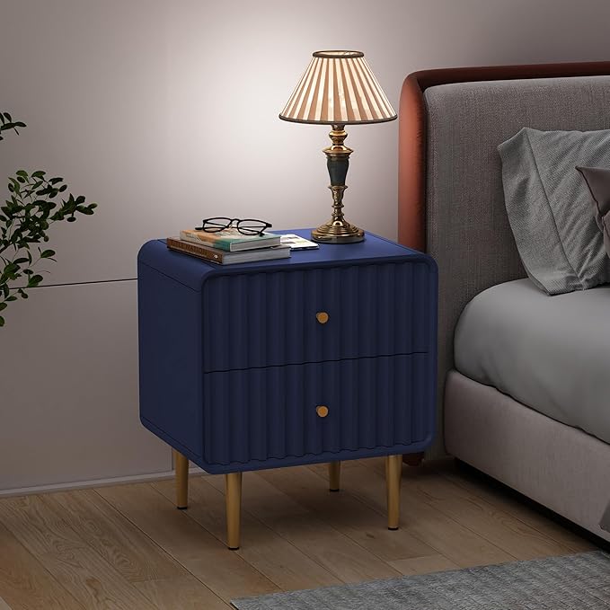 HLR Modern Nightstand, Fluted Bed Side Table with 2 Drawers Storage, Wood End Table with Gold Metal Handle, Blue Night Stands for Bedroom