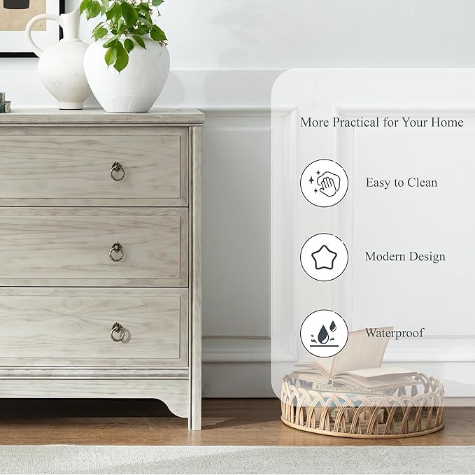Chogori Solid Wood Dresser for Bedroom- Natural Wood Veneers & Water Based Paint Finished- Vintage Chests of Drawers, Small 3 Drawer Dresser (1, Antique Gray)