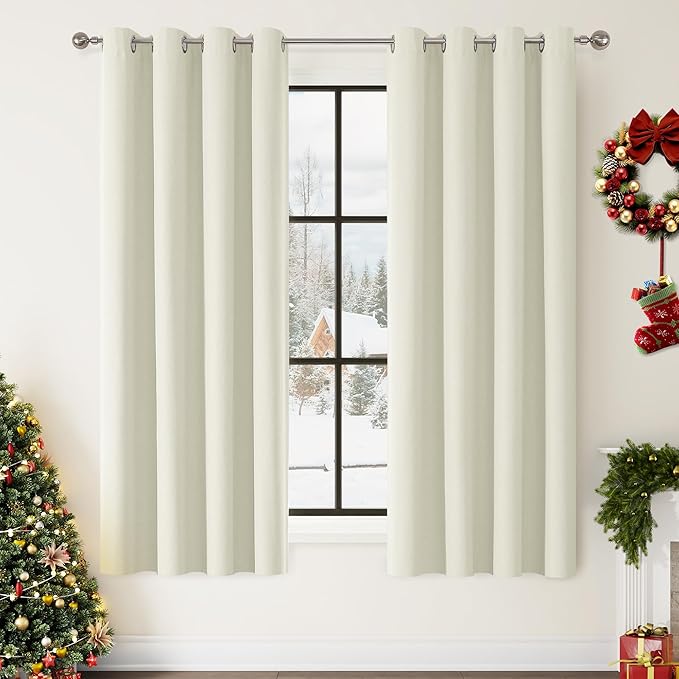 ChrisDowa 100% Blackout Iovry Solid Curtains 63 Inches Long 2 Panels for Bedroom Living Room,Farmhouse Room Darkening Thermal Insulated Soundproof Grommet Top Window Treatment Drapes,52x63