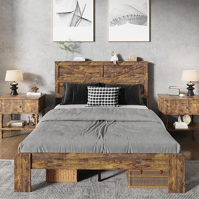 Queen Size Bed Frame with Farmhouse Headboard, Rustic Boho Wooden Bedframe with LED Lights and Charging Station, Easy Assembly, No Box Spring Needed (Brown, Queen)