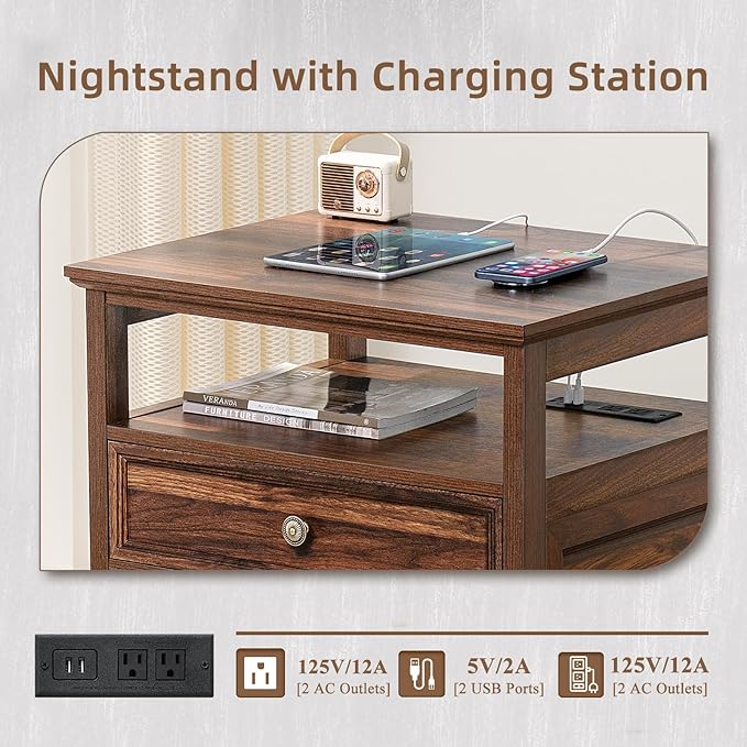 Farmhouse Furniture Set, Nightstands Set of 2 and 7 Drawers Dresser for Bedroom, 54 Inch Wide Wood Dresser and 24" Night Stands with Charging Station for Bedroom, Living Room, Hallway