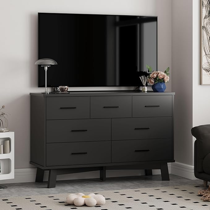 Dresser for Bedroom with 7 Drawer, Wood Modern Chest of Drawers with X-Shaped Sturdy Base, Wide Double Dresser Closet Clothes Storage Organizer, Wooden TV Stand for Living Room, Hallway, Black