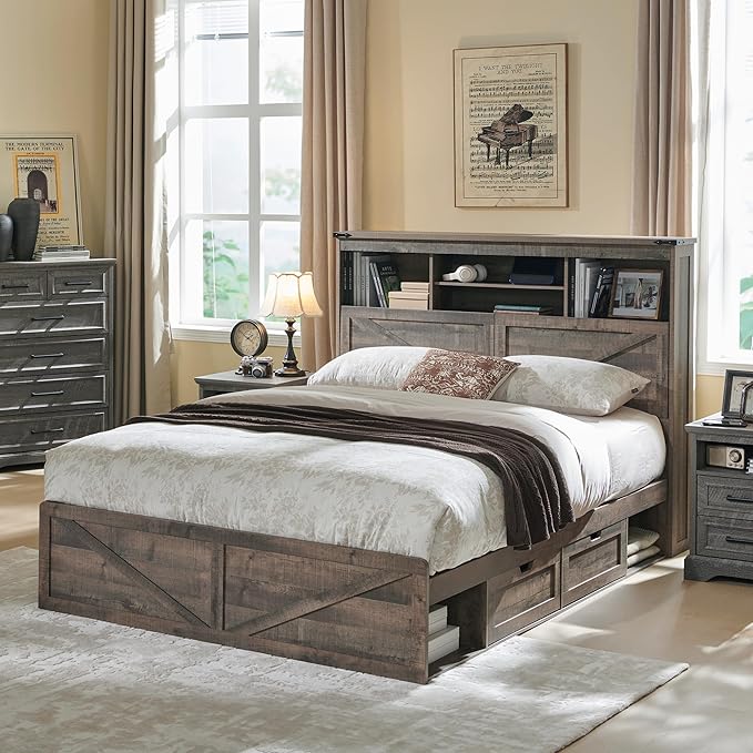 ACCOHOHO Farmhouse Queen Size Bed Frame with 52" High Storage Bookcase Headboard and 4 Drawers,Wooden Bed Frame with LED Light and Charging Station,Light Brown