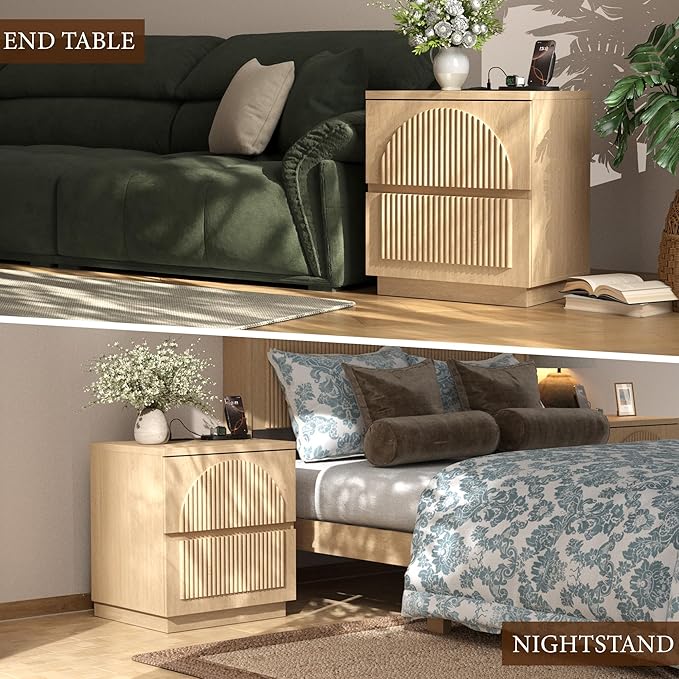Yechen Nightstand with Drawers, Modern Arched Reeded Wood Nightstand with Charging Station, Wooden Night Stand with Storage,Bedside End Tables for Bedroom, Natural