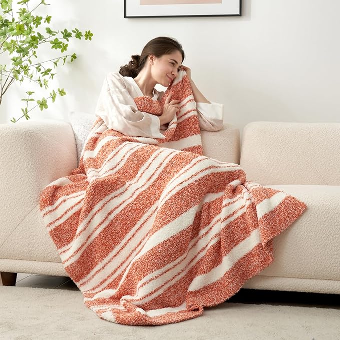 Snuggle Sac Orange Bedding Blanket Ultra Soft Microfiber, Warm Cozy Knit Blankets for Sofa, Bed, Living Room, Stripe Orange, 60x80 inches