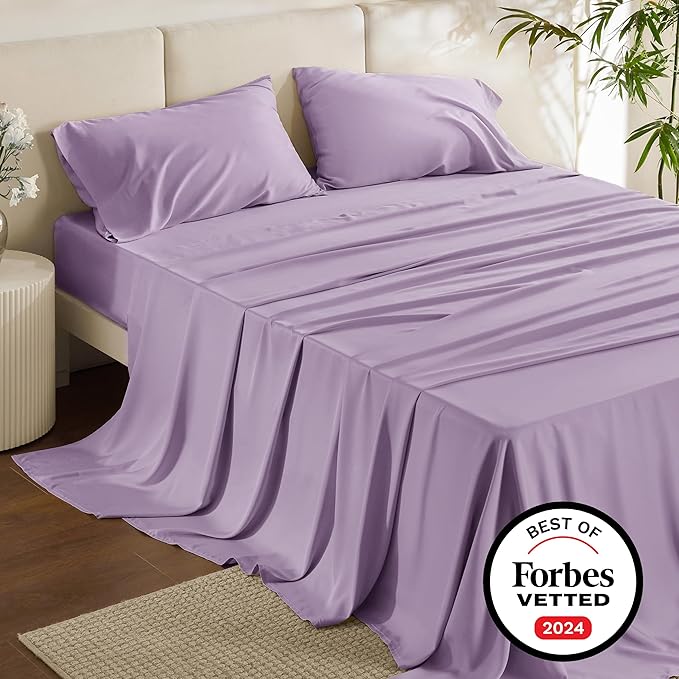 Bedsure King Size Sheets Set, Cooling Sheets for Hot Sleepers, Rayon Derived from Bamboo, Breathable & Soft, Deep Pocket Up to 16 Inches, Hotel Luxury Silky Bedding, Lilac